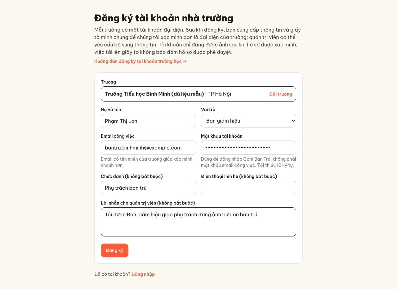 Biểu mẫu đăng ký tài khoản nhà trường