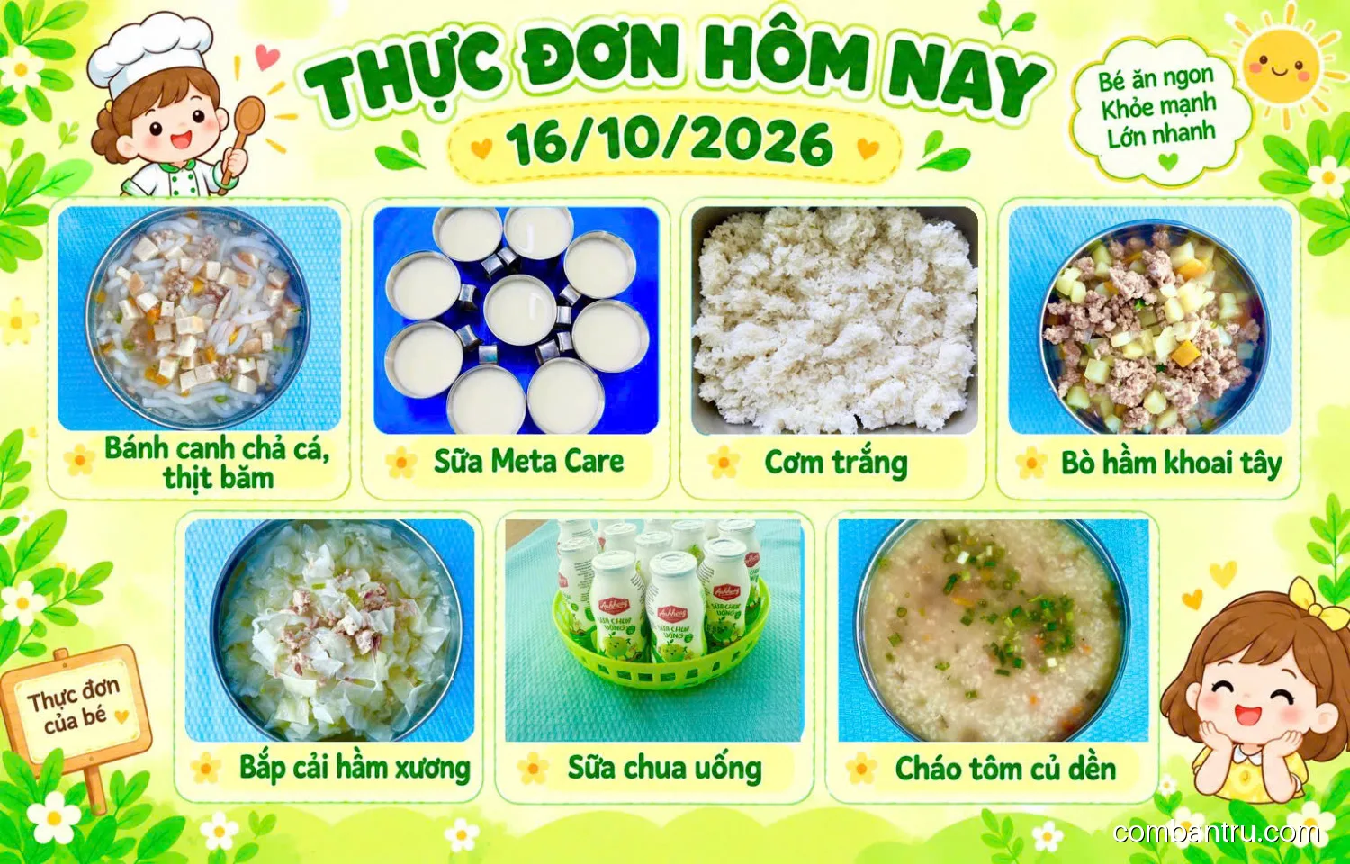 Ảnh bữa ăn Thứ Sáu, ngày 16/10/2026 tại Trường Mầm non An Tây: THỰC ĐƠN NGÀY 16/10/2026