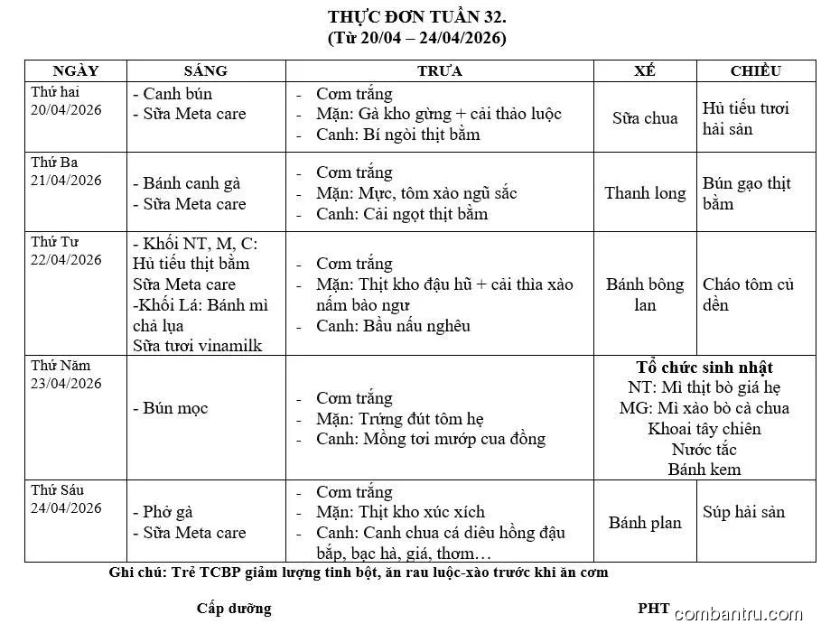 Ảnh bữa ăn Thứ Hai, ngày 20/04/2026 tại Trường Mầm non An Tây: THỤC ĐƠN TUẦN 32