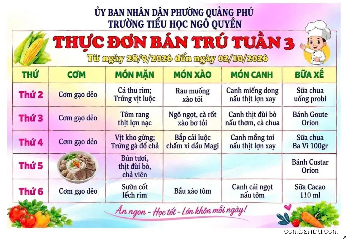 Ảnh bữa ăn Thứ Hai, ngày 28/09/2026 tại Trường Tiểu học Ngô Quyền: Thực đơn bán trú tuần 3