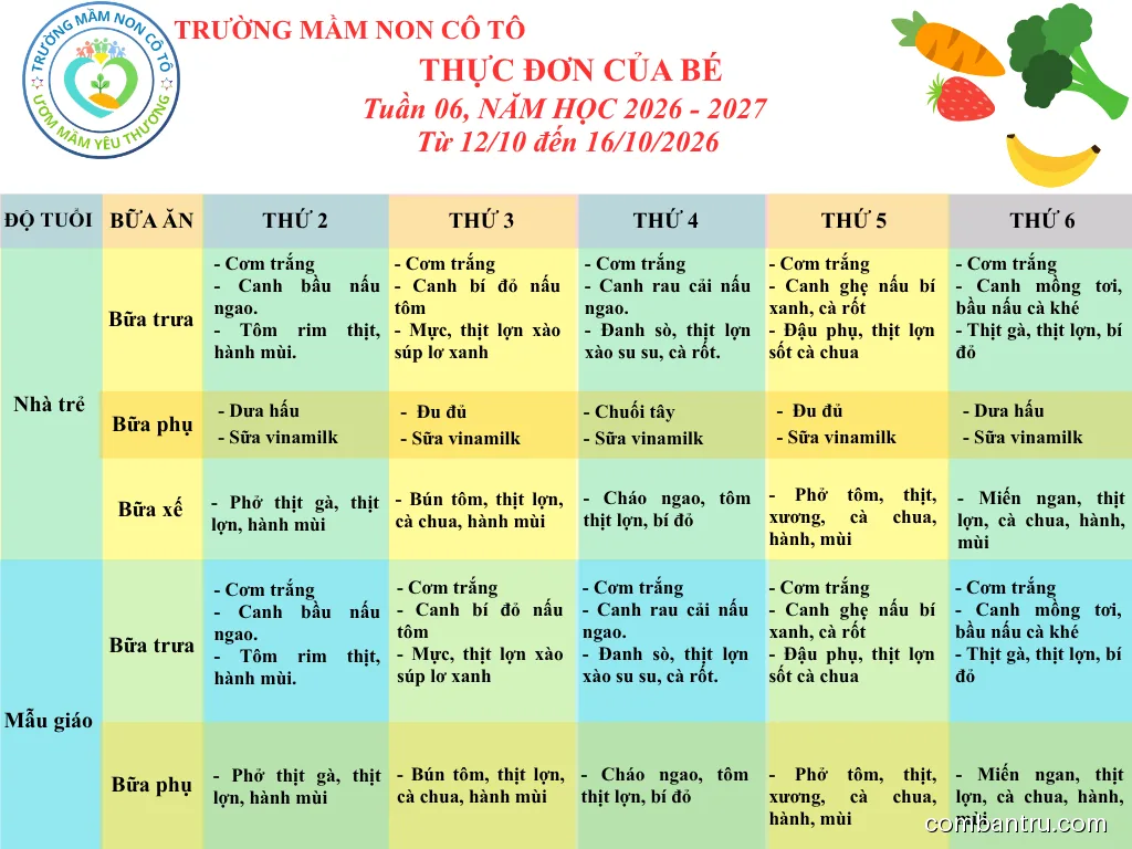 Ảnh bữa ăn Chủ Nhật, ngày 11/10/2026 tại Trường Mầm non Cô Tô