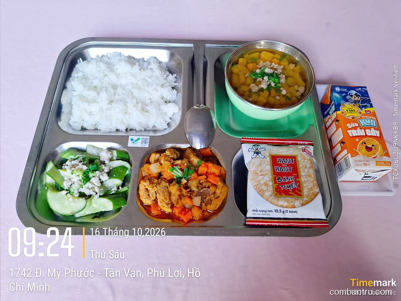 Ảnh bữa ăn Thứ Sáu, ngày 16/10/2026 tại Trường TH Phú Lợi 2: THPL2 - Bữa ăn minh bạch - Bữa trưa và bữa xế - Ngày 16 tháng 10 năm 2026